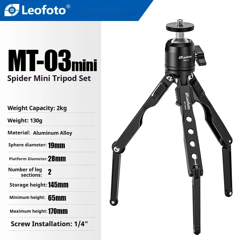 Leofoto MT-03 Spider Mini Stativ DSLR, Smartphone, Selfie Desktop Stativ Kit Reise & Fotografie Tragbare Handheld-Unterstützung Image