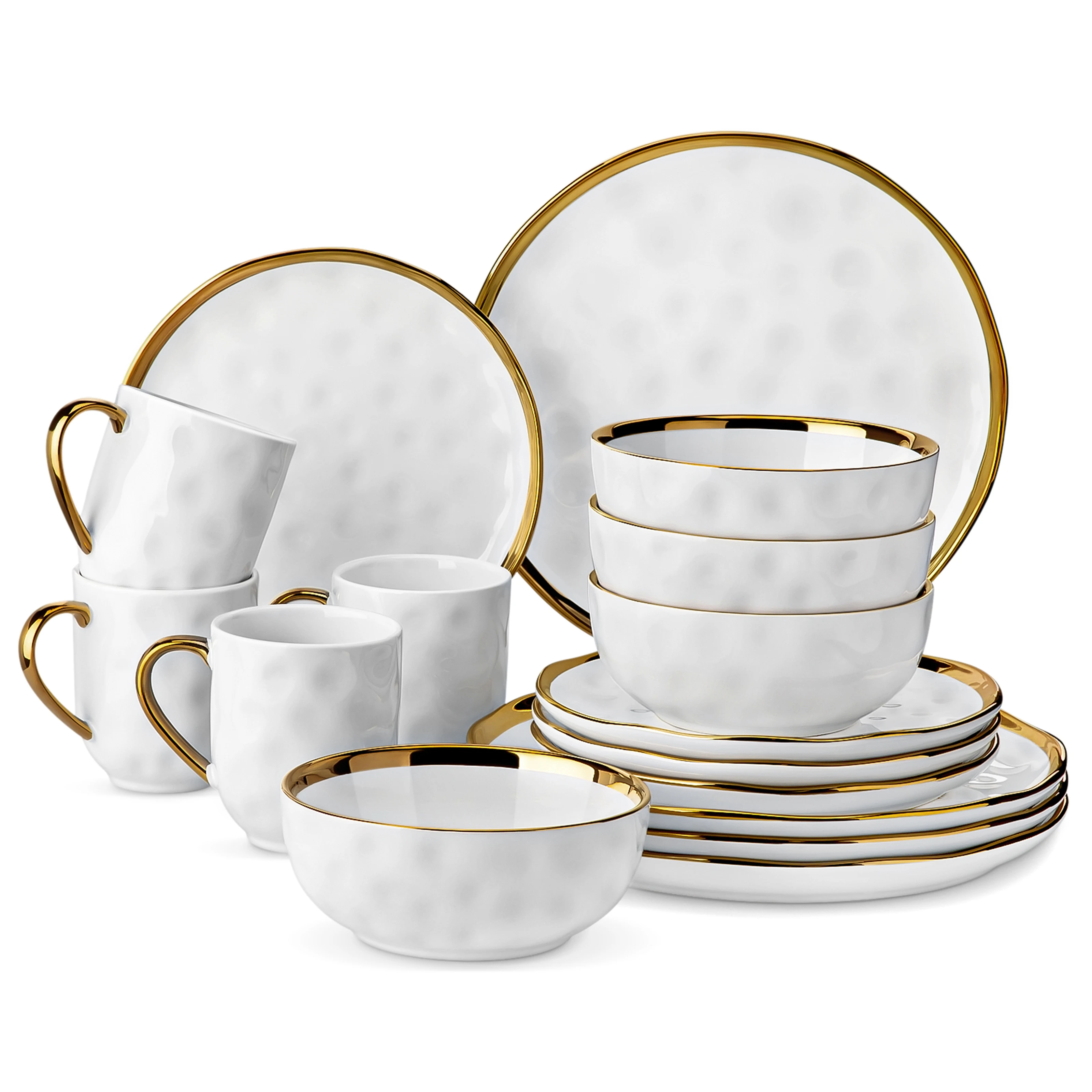 LOVECASA Set di stoviglie bianco fatto a mano da 16/32 pezzi con finiture dorate Set di stone Piatto piano/Piatto da dessert/Tazza/Botola Set di stoviglie