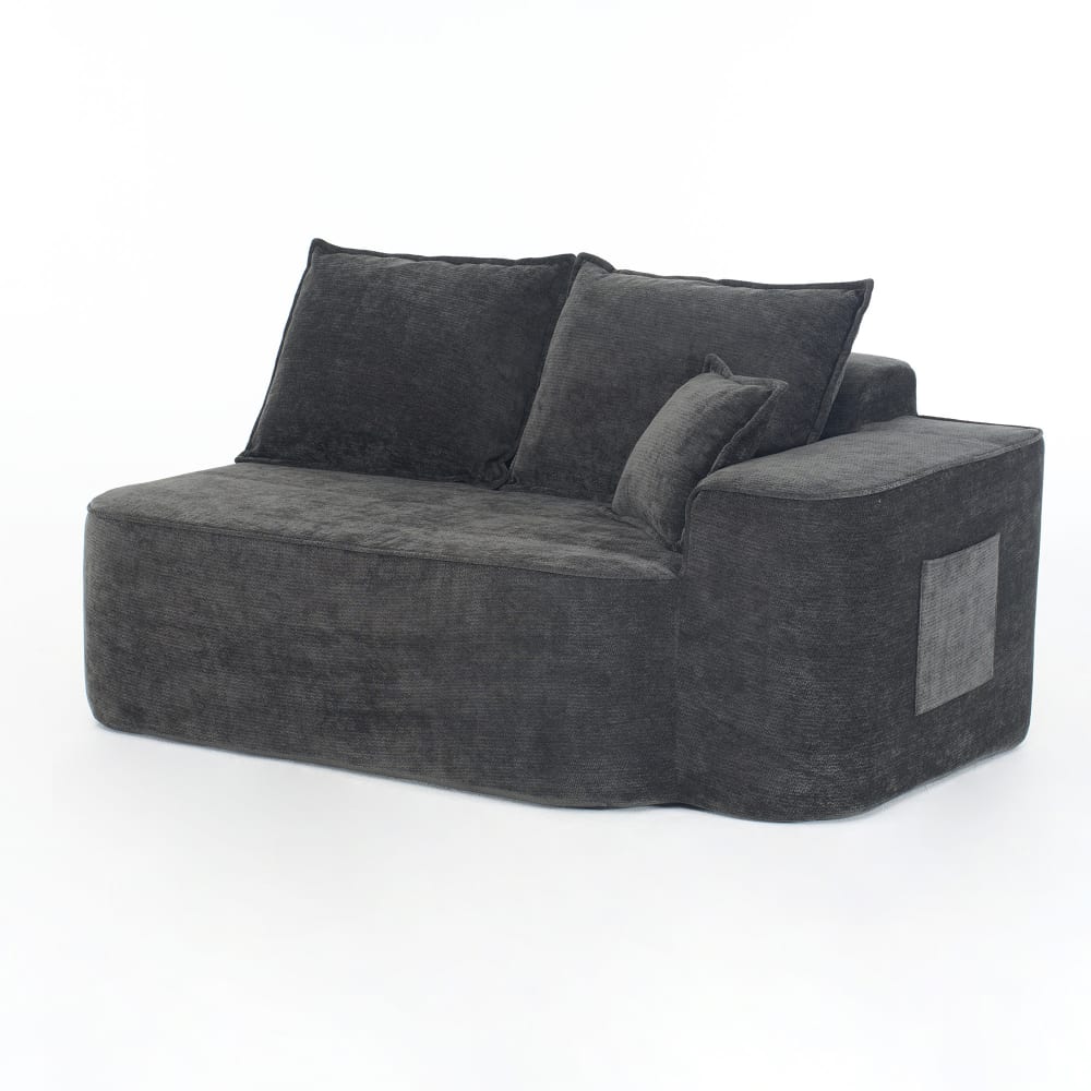 Canapé méridienne 2 places en tissu chenille noir avec coussins