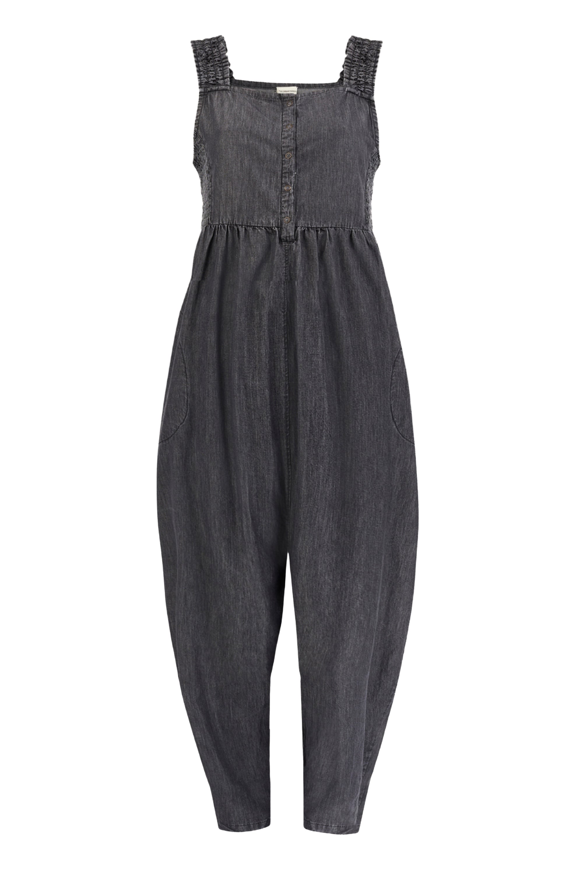 Jumpsuit TURTLEDOVE LONDON "Alice Denim Smocking Strap Jumpsuit Damen", Damen, Gr. S, Normalgrößen, schwarz, 100% Baumwolle, normal, Overalls Jumpsuit