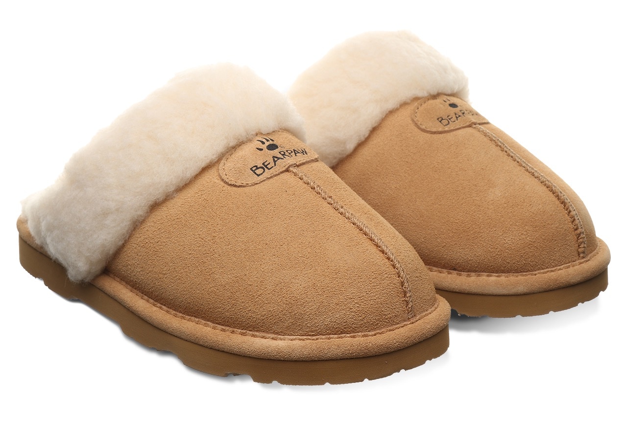Hausschuh BEARPAW "Loki", Damen, Gr. 38, hellbraun, Veloursleder, Fellimitat, Basic, Schuhe Hausschuh, Home Slipper, Pantoffel mit Warmfutter