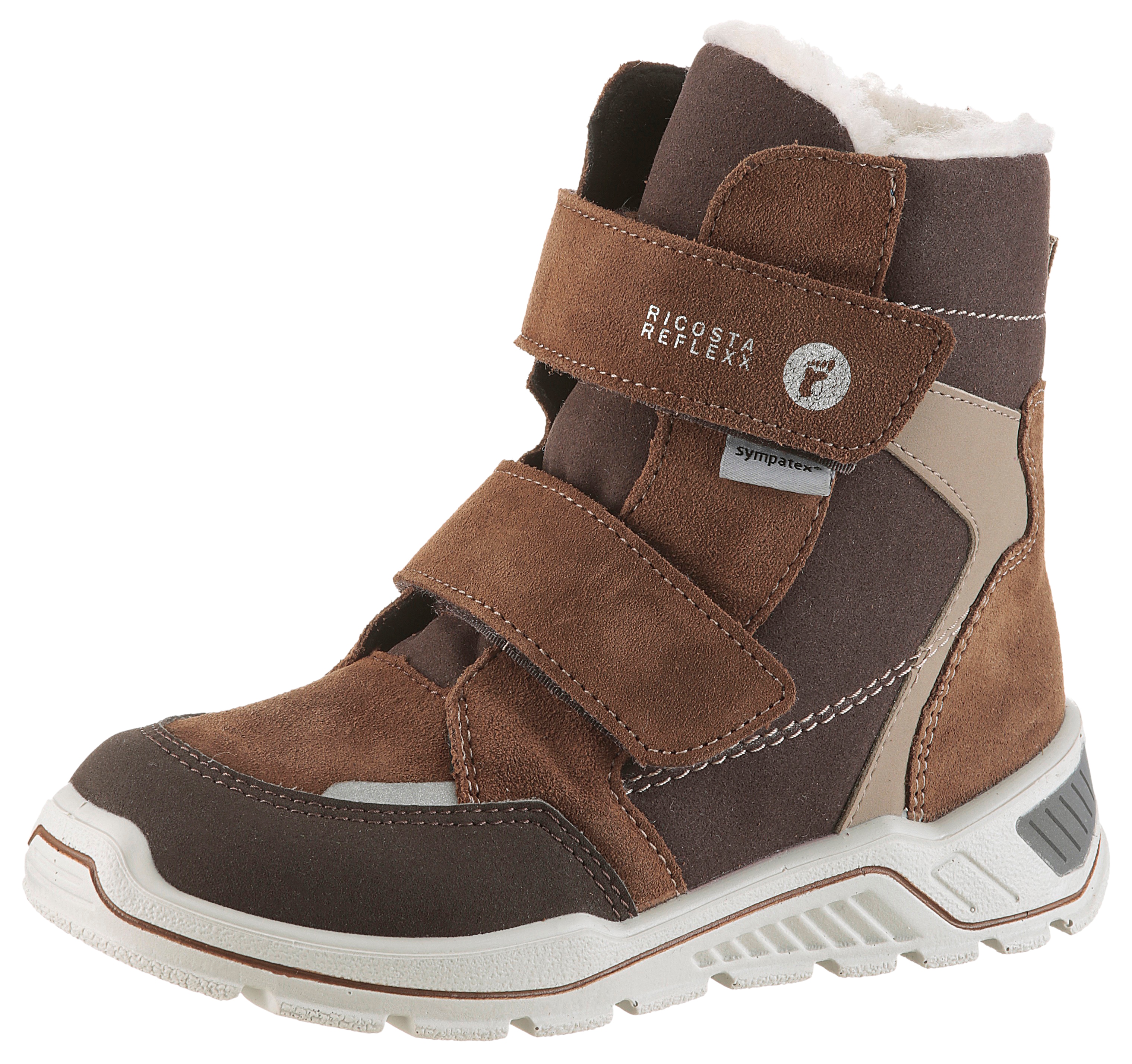 Winterstiefel RICOSTA "JANEK 50 WMS: weit", Damen, Gr. 26, braun, Lederimitat, Veloursleder, kontrastfarbene Details, Schuhe Winterstiefel, Snowboots, Klettstiefel mit Sympatex, Größenschablone zum Download
