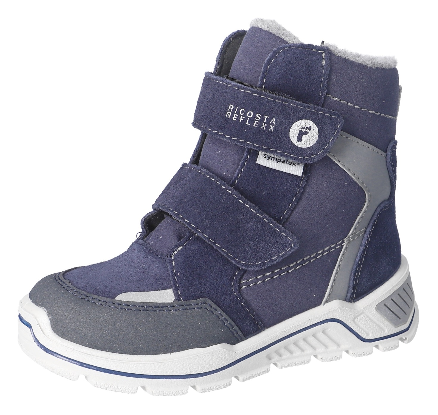 Winterstiefel RICOSTA "JANEK 50 WMS: weit", Damen, Gr. 26, blau, grau, Lederimitat, Veloursleder, kontrastfarbene Details, Schuhe Winterstiefel, Snowboots, Klettstiefel mit Sympatex, Größenschablone zum Download