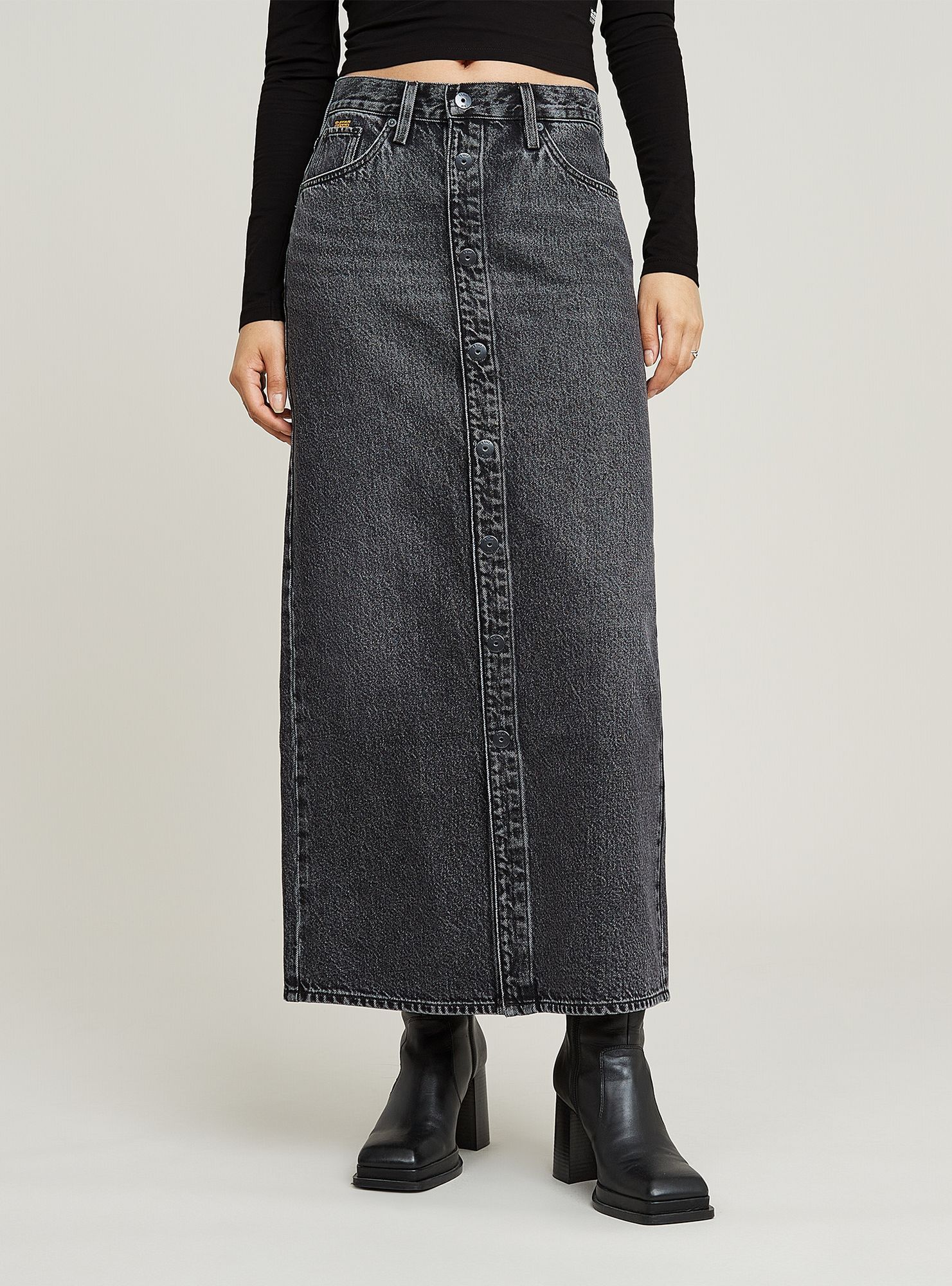 Jeanskleid G-STAR "Viktoria Snaps Long Rock", Damen, Gr. 25, Normalgrößen, faded eolith grau, Obermaterial: 37% Baumwolle, Kleider