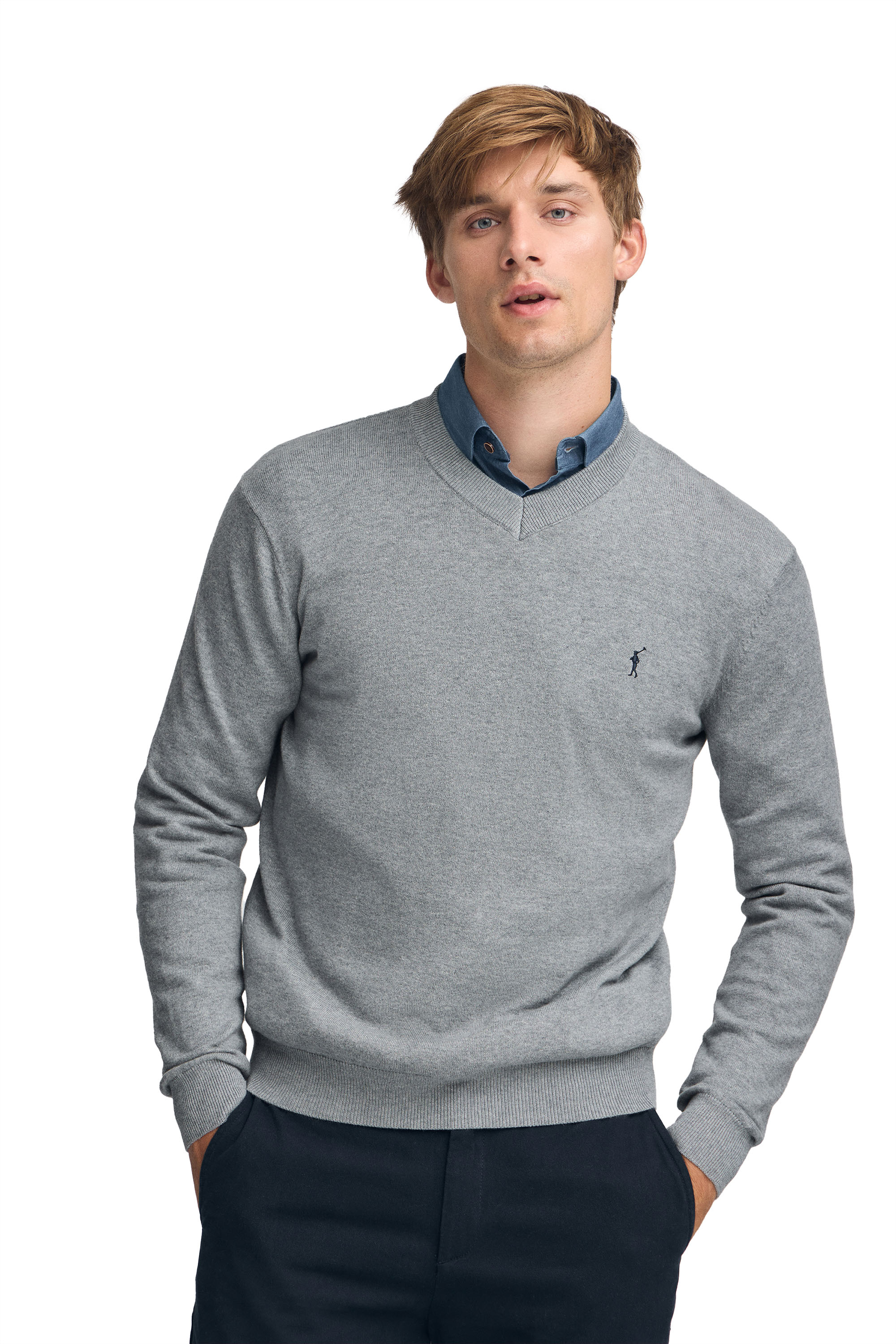 Pullover grau meliert aus Wollgemisch mit V-Ausschnitt und gesticktem Rigby Go-Logo Image