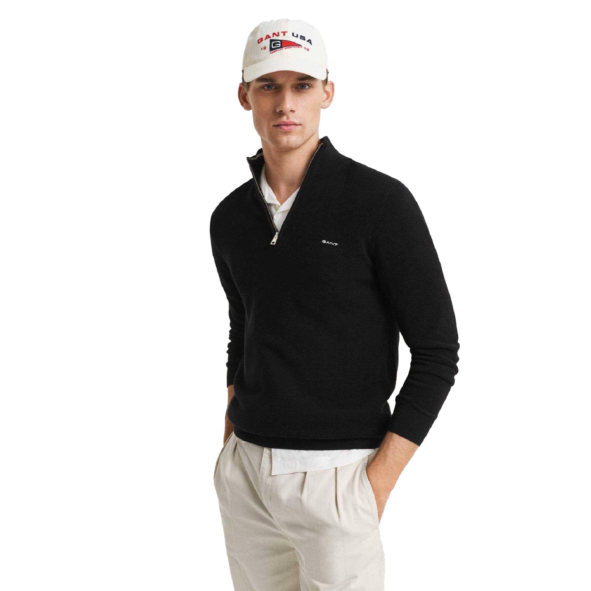 Gant - Fleece für Herren, mit halbem Reißverschluss, Baumwolle Piqué (Schwarz)