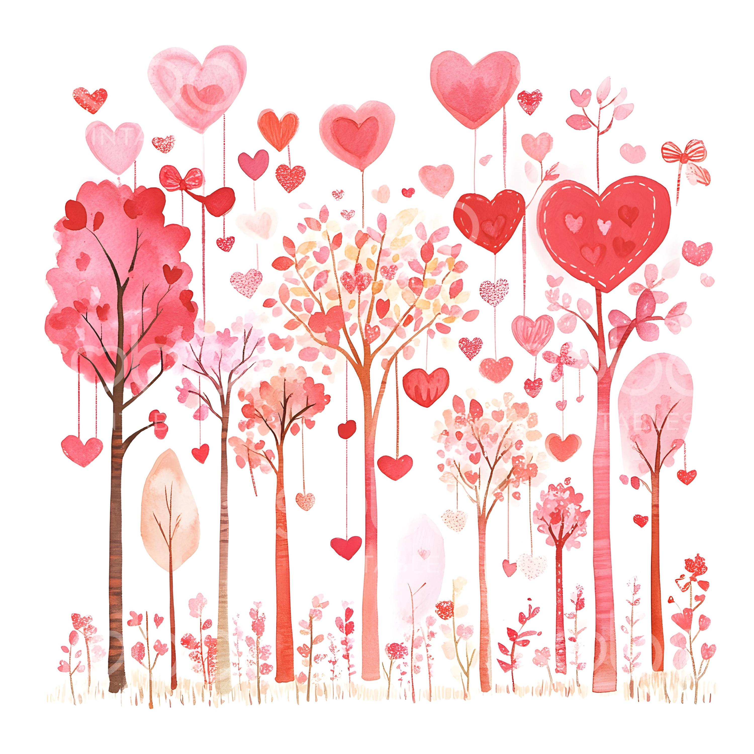 28 Clipart di alberi di San Valentino, alberi a forma di cuore per San Valentino, alberi con cuori d'amore, acquerello di San Valentino, download digi