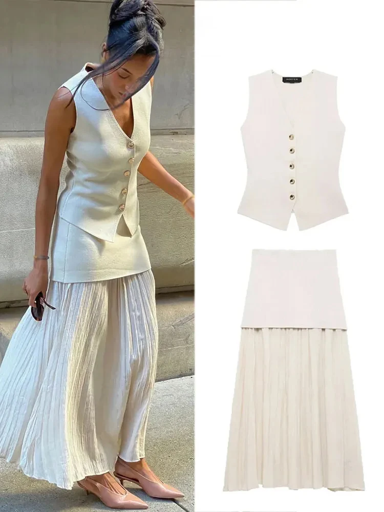 HH 2025, Sommer-Damen-Schuhe mit hoher Taille, gespleißt ​ ​ Faltenrock-Set, Retro-V-Ausschnitt, einreihig, schmale Anzugweste, Damen-Streetwear