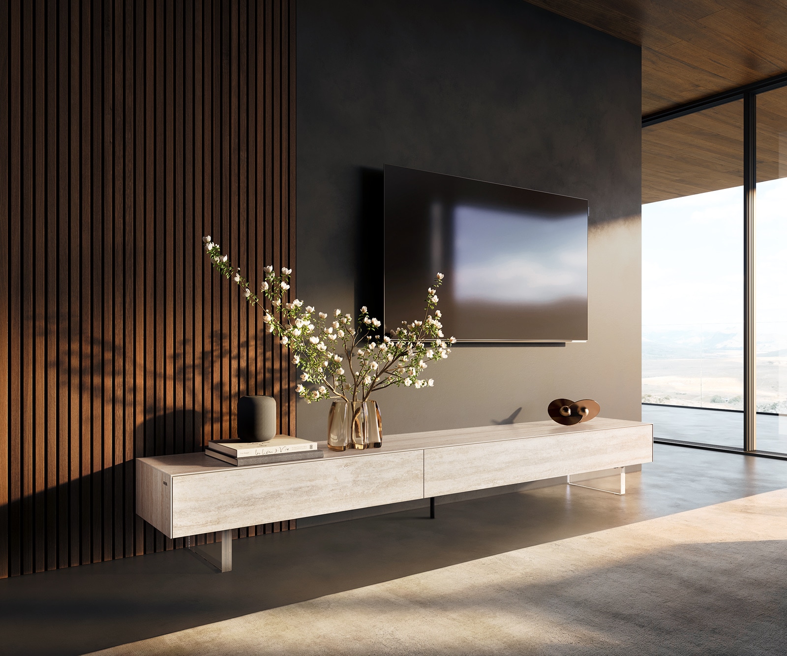 DELIFE Lowboard Cuor 250 cm Keramik Laminam® Travertino Bianco Creme-Weiß 1 Klappe 1 Schubfach Fuß Schwebeoptik Acrylglas, Lowboards Image