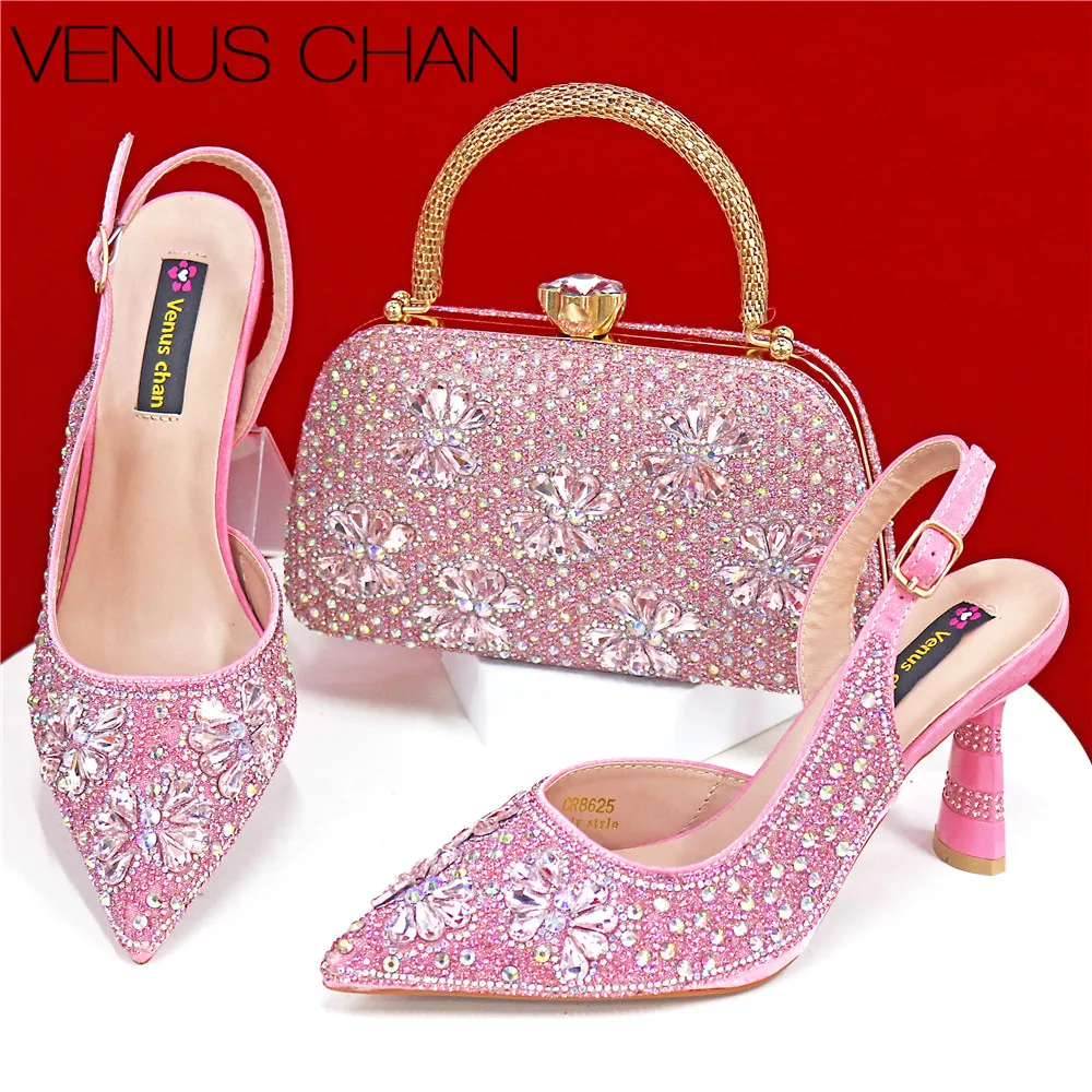 Nigerianische Fersenparty für Frauen, rosa Farbe, Schuhe und Taschen-Set, Strass-Handtasche, italienisches Design, Hochzeit, INS 2025,