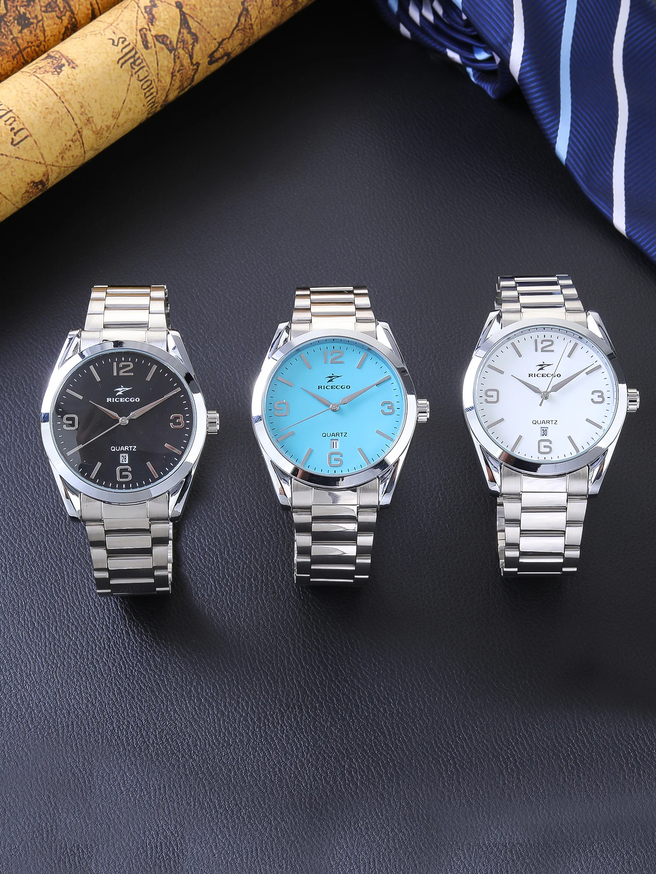 Klassische Herren-Quarzuhr Ricecgo 1, Business-Stil, rundes Zifferblatt, arabische Ziffern, Kalenderanzeige, Edelstahlarmband, Quarzwerk, geeignet für den täglichen Gebrauch, ideales Geschenk für Image
