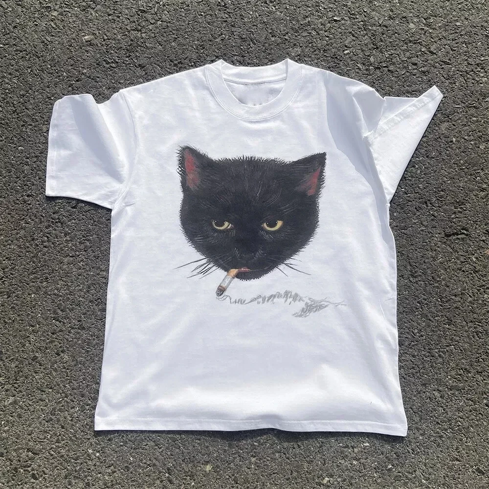 Retro Rock Hip-Hop Vintage Stil Top T T-shirt Raucher Katze Grafik Druck Punk Sommer Kurzarm Harajuku Streetwear