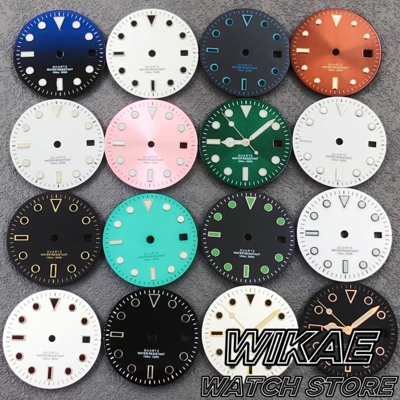 29 mm schwarz-blaues Sunburst-Zifferblatt, glänzendes, mattes Zifferblatt mit grünen Leuchtzeigern für RONDA 515 Quarzwerk, Uhrenzubehör Image