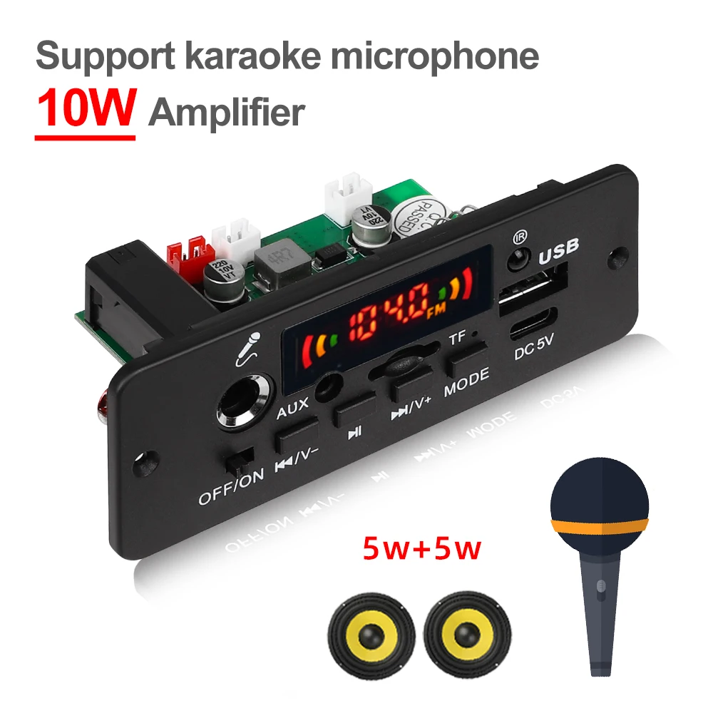 10W amplificatore Bluetooth fai da te scheda di decodifica MP3 5W DC 5V lettore musicale auto modulo Radio FM TF USB Record vivavoce chiamata microfono