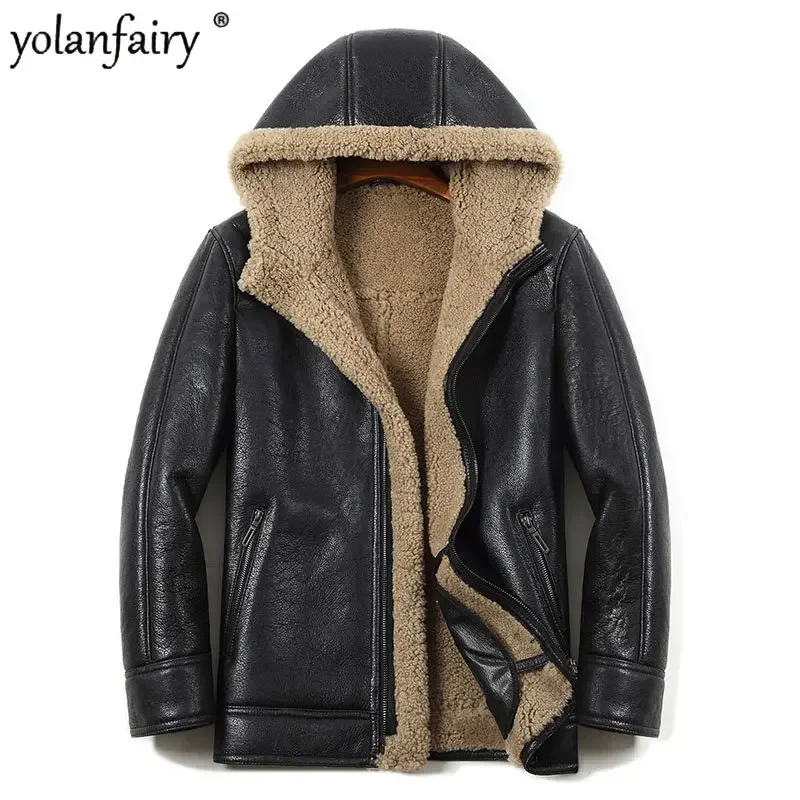 YOLANFAIRY Echt Pelzmantel Original Schafe Pelz Jacken Mann Echt Leder Schaffell Mäntel Mit Kapuze Warme Mantel männer Winter Jacke Image