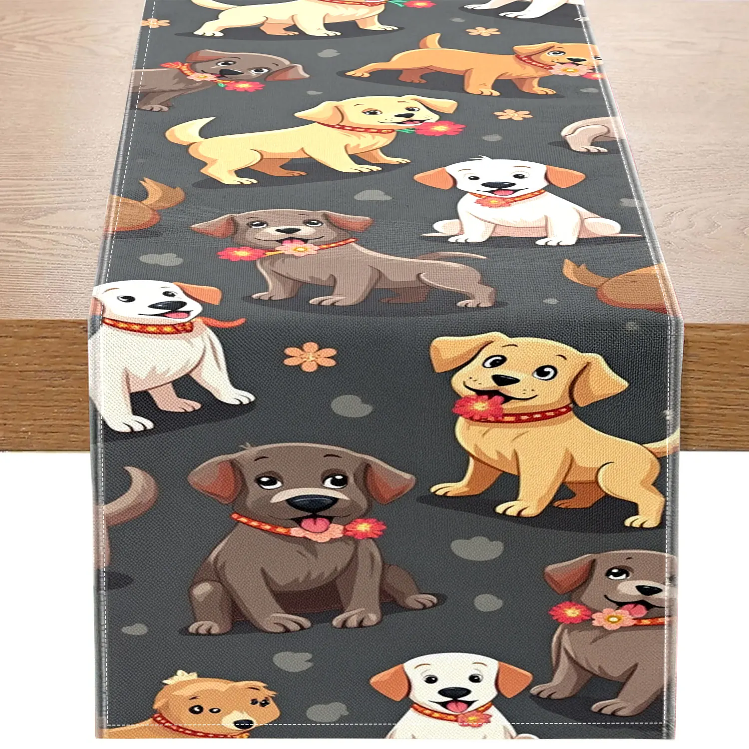 1-teiliger Tischläufer mit Herbsternte-Kürbis-Motiv, Kürbis-, Holzwagen- und Weizenohrmuster, geeignet für Erntepartys, Heimdekoration. Image