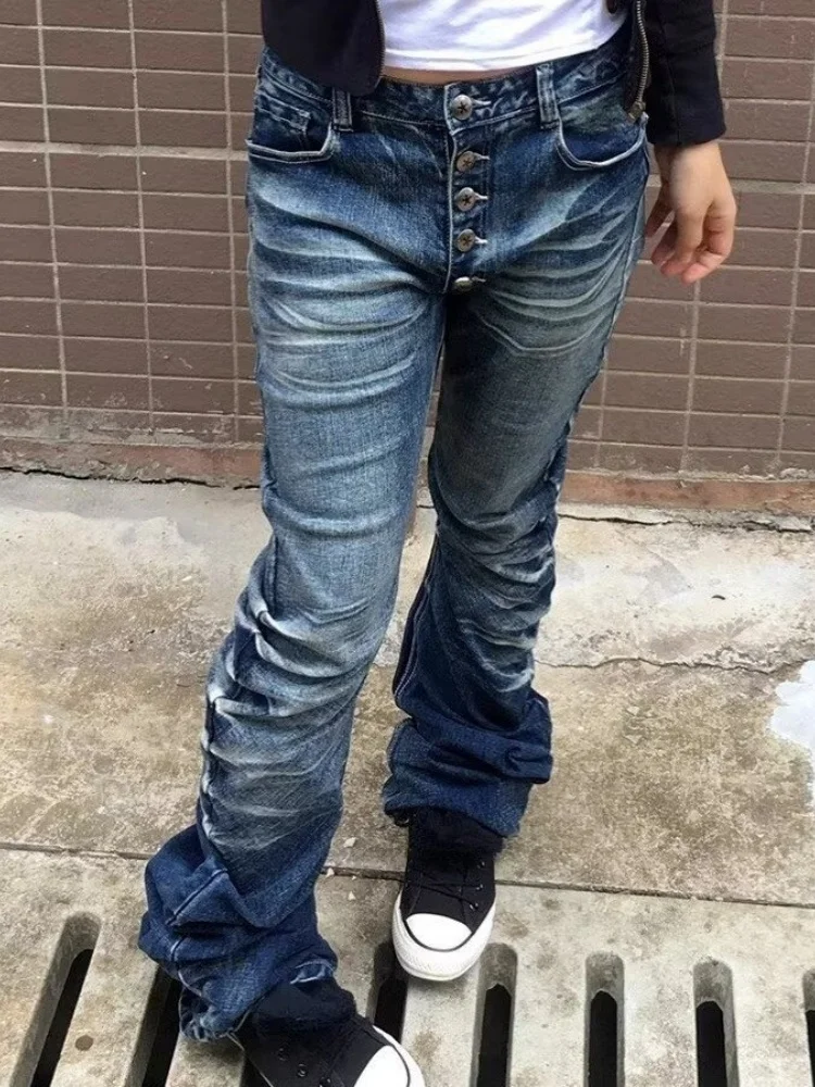 2025 Ropa Y2K Mode Button Fly Gewaschen Blau Schlank Plissee Jeans Hosen Für Frauen Kleidung Streetwear Vintage Dame Denim Hosen
