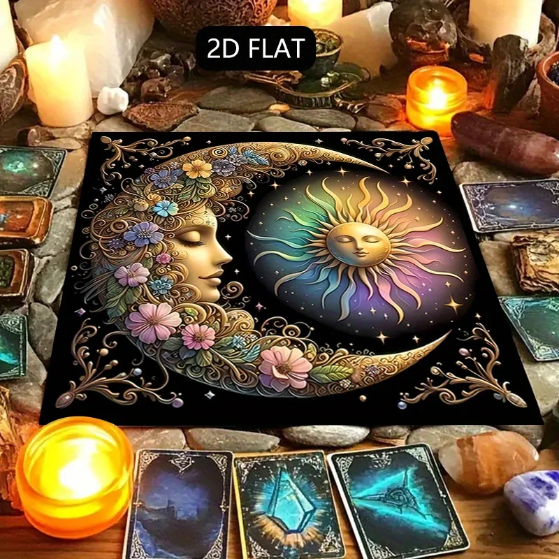 1-teiliger bezaubernder Sonnen- und Mond-Mandala-Altartuch – elegante schwarze Tischmatte im böhmischen Stil, Gold/Blau/Lila-Sternenhimmel-Design, Astrologie-Tarot-Orakelbrett, quadratische