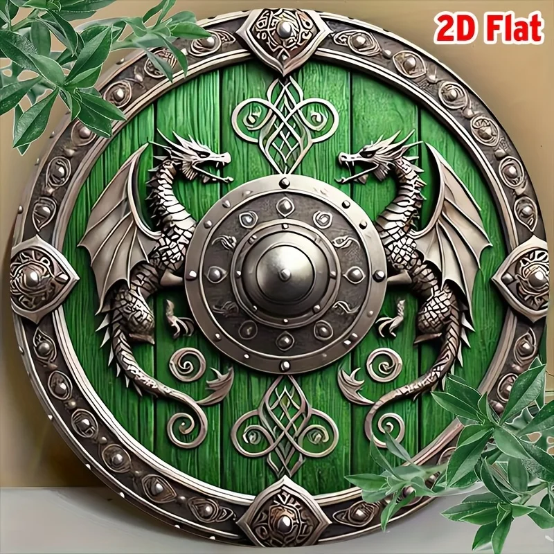 Shield Viking Metall-Wanddekoration – 20,3 cm große runde nordische Plakette mit Drachen- und Helmdesign, Antikgrün und Silber, Home Bar Cafe