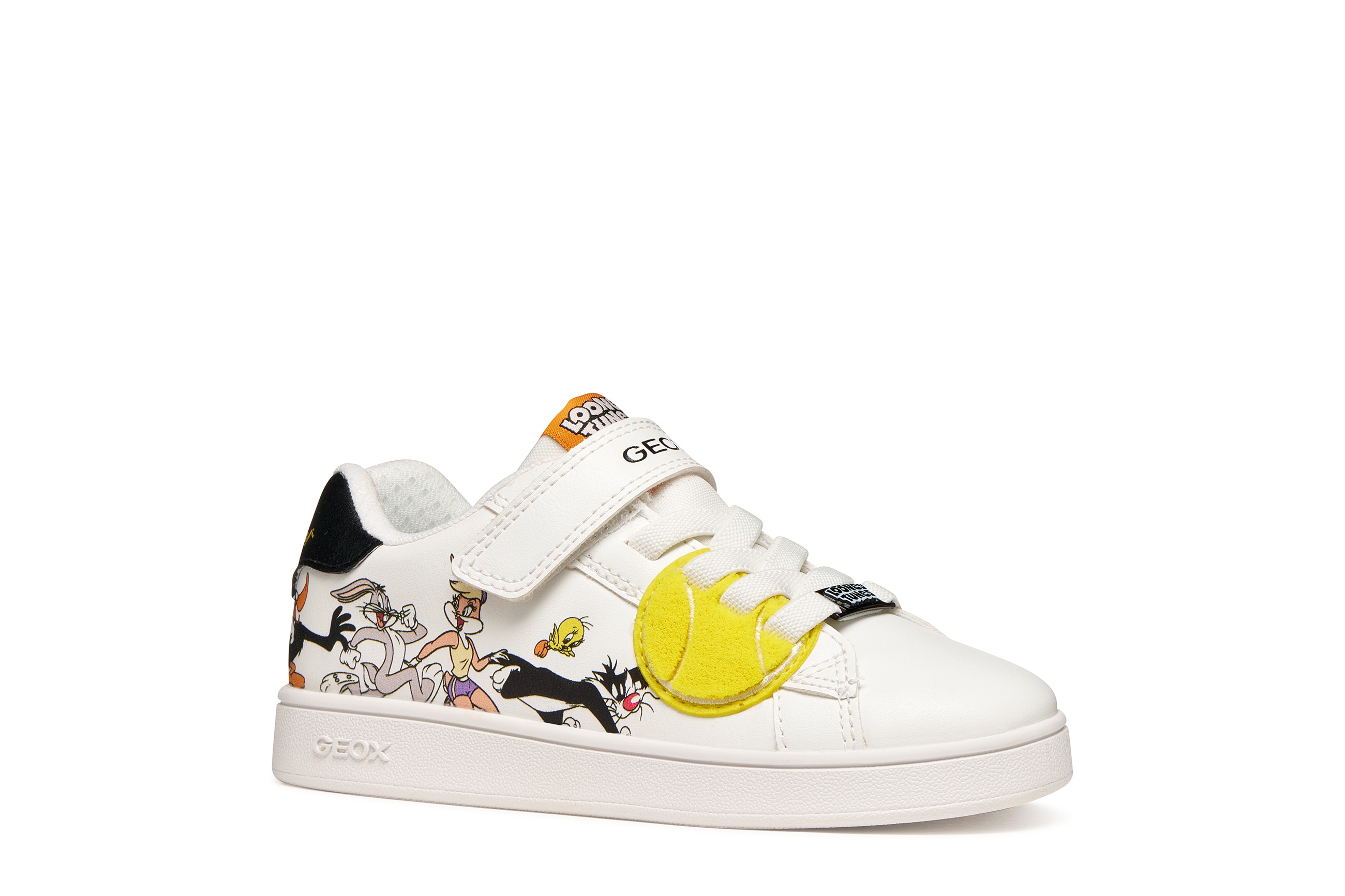 Sneaker GEOX "J ECLYPER BOY", Damen, Gr. 31, weiß, schwarz, Lederimitat, Textil, Schuhe Sneaker, Klettschuh mit Looney Tunes Motiv, Größenschablone zum Download
