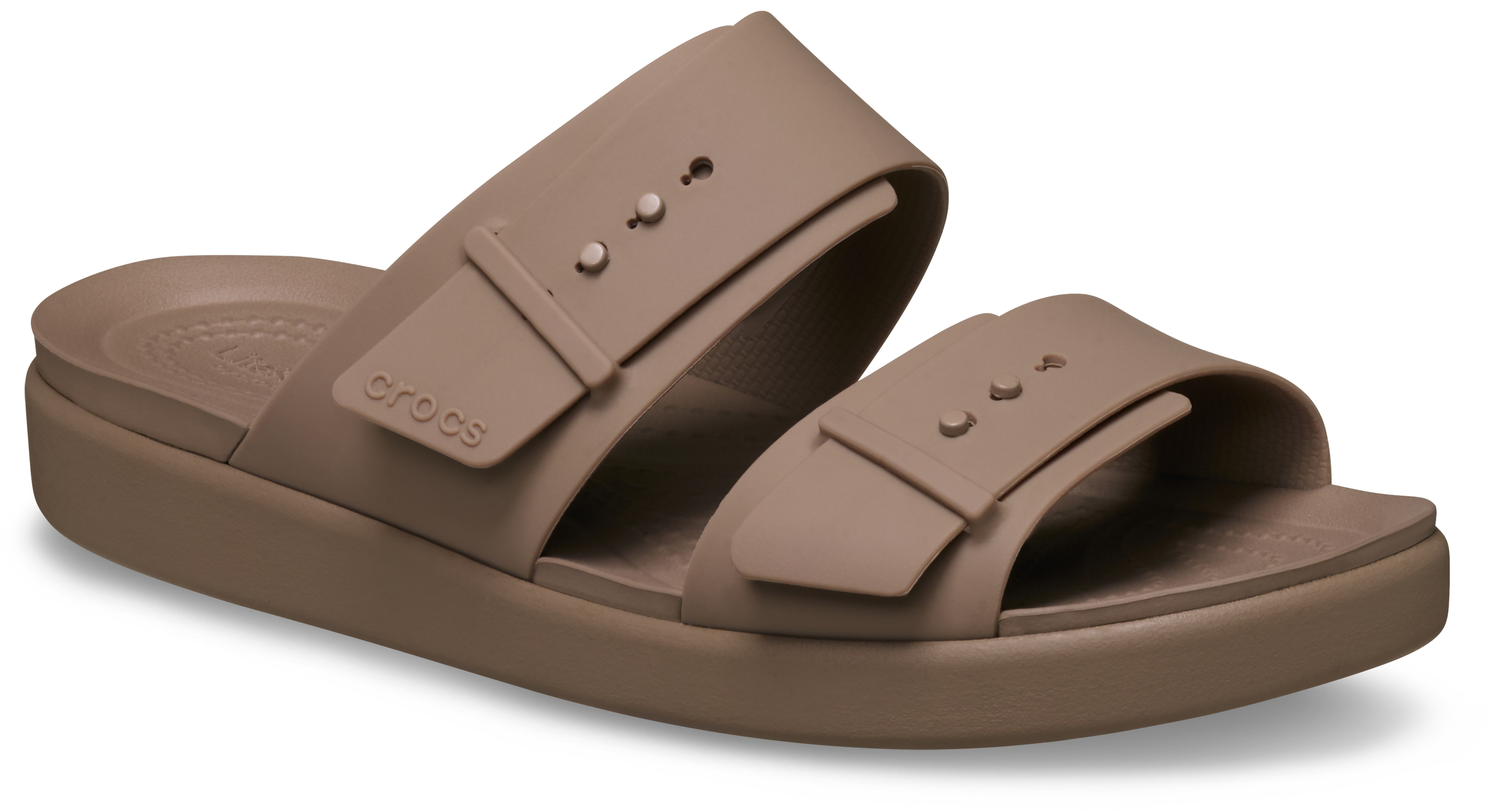 Pantolette CROCS "Brooklyn Buckle Low", Damen, Gr. 37, hellbraun, latte, Croslite™, unifarben, Schuhe Pantolette, Sommerschuh, Strandschuh, Hausschuh mit Softfußbett