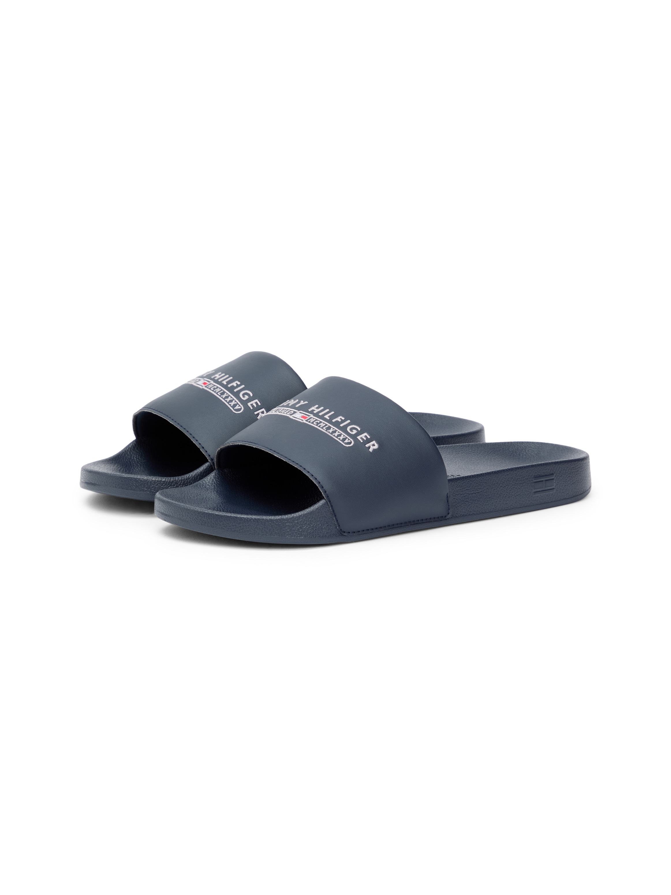 Pantolette TOMMY HILFIGER "TOMMY HILFIGER RAISED POOL SLIDE", Herren, Gr. 44, dunkelblau, Synthetik, Schuhe Pantolette, Sommerschuh, Badeschuh, Haussschuh mit Logoschriftzug