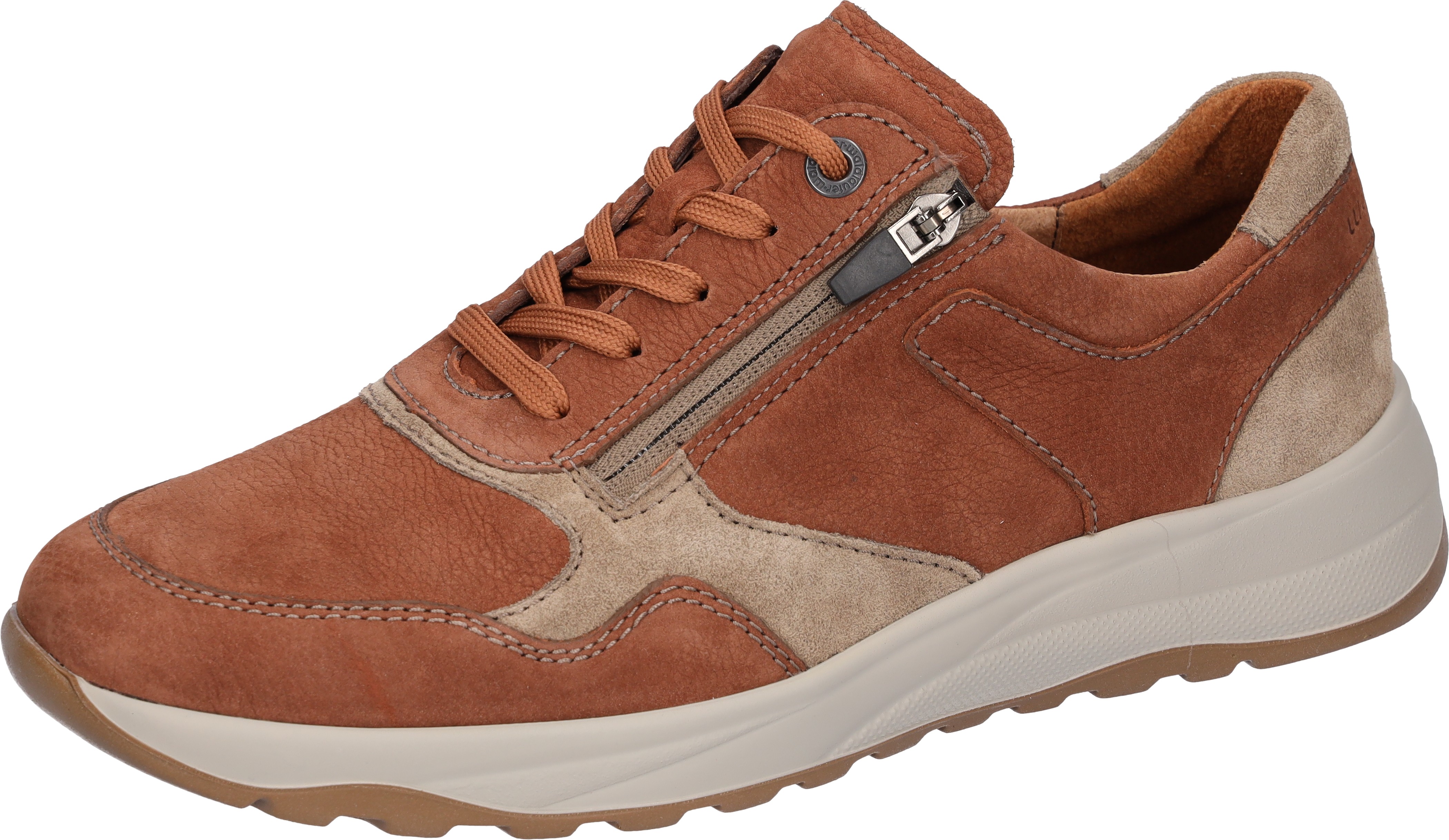 Sneaker WALDLÄUFER "K-JOHN", Herren, Gr. 8,5 (42,5), cognac, beige, Nubukleder, Veloursleder, unifarben mit Farbeinsatz, Schuhe Sneaker, Schnürschuh, Bequemschuh, K-Weite, mit seitlichem Reißverschluss