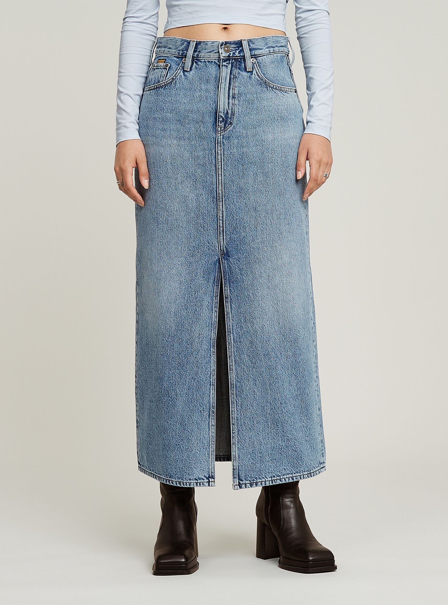 Jeanskleid G-STAR "Viktoria Long Rock", Damen, Gr. 24, Normalgrößen, faded blau torrent, Obermaterial: 30% Baumwolle, 20% Baumwolle, Kleider