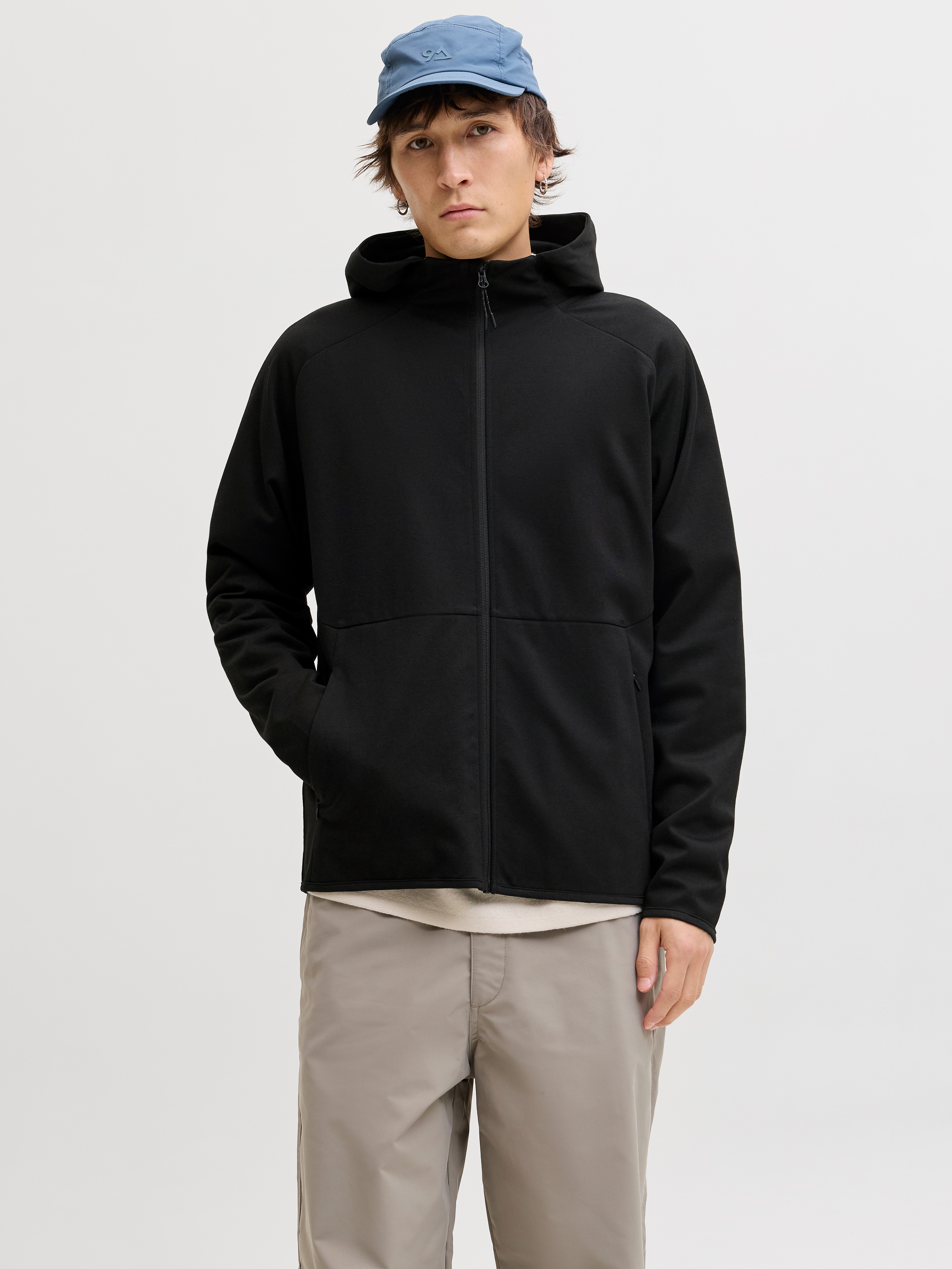 Sweatshirt JACK & JONES "JJEBASE SWEAT ZIP HOOD SN", Herren, Gr. L, schwarz, angeraute Sweatware, Obermaterial: 75% Polyester, 21% Baumwolle, 4% Elasthan, unifarben, Sweatshirts Sweatshirt, mit Kaputze