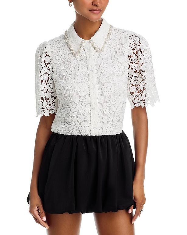 Embellished Collar Lace Top - White - Aqua Tops