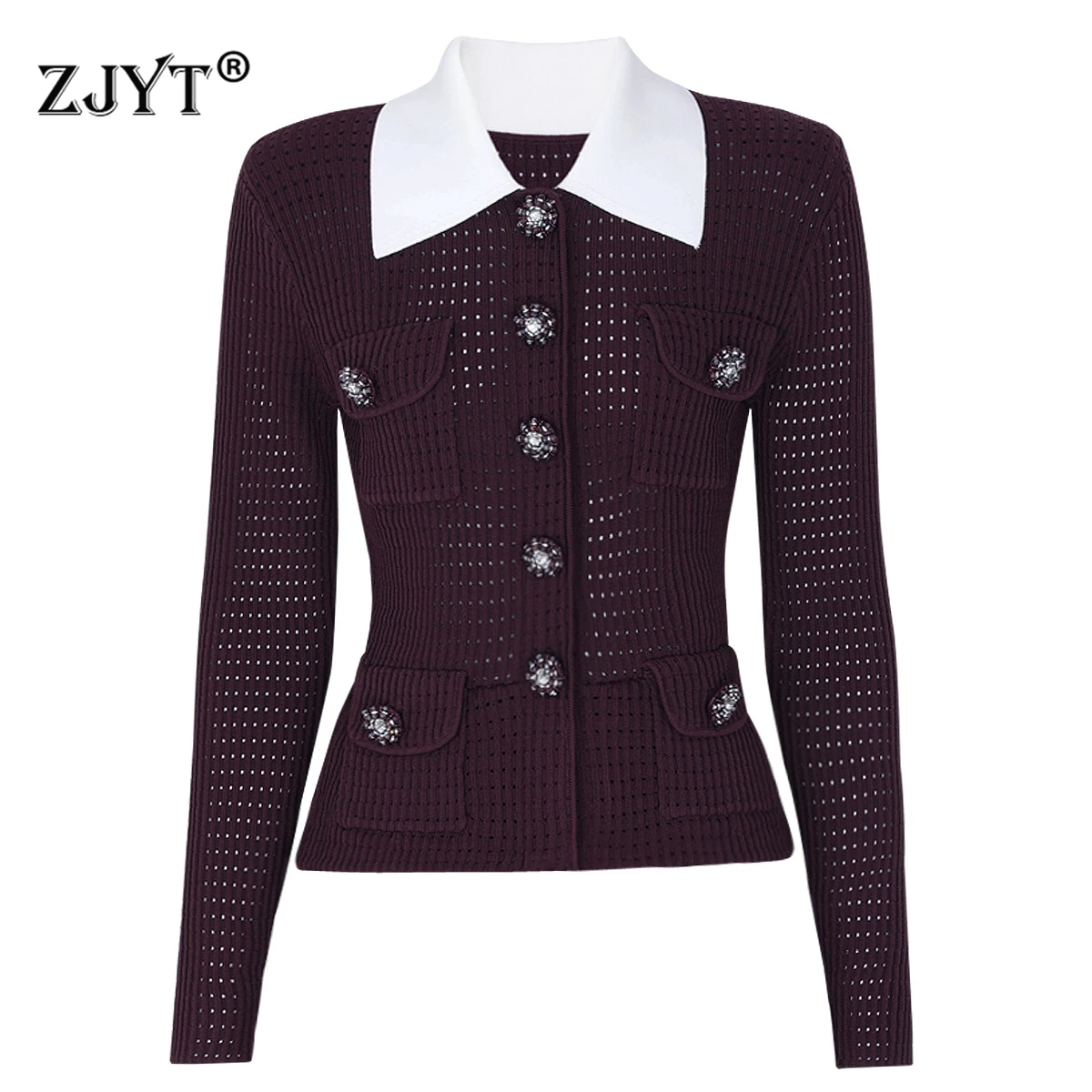 ZJYT Cardigan Sweater for Women Knitwear Autumn Winter Clothes Woman Long Sleeve Purple Knit Top Jersey Para Mujer Jumper White