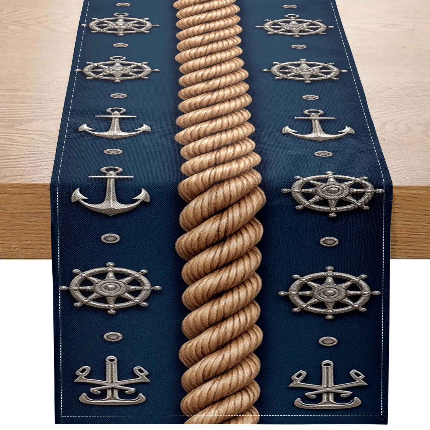 1-teiliger Tischläufer mit nautischem Thema, verziert mit einem Roulette-Rad, Hanfseil und Anker, geeignet für die Heimdekoration Image