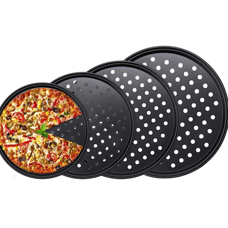 Antihaftbeschichtete Pizza-Crisper-Tabletts aus Kohlenstoffstahl, runde Deep Dish-Backform mit Löchern für perfekt knusprige Pizza Image