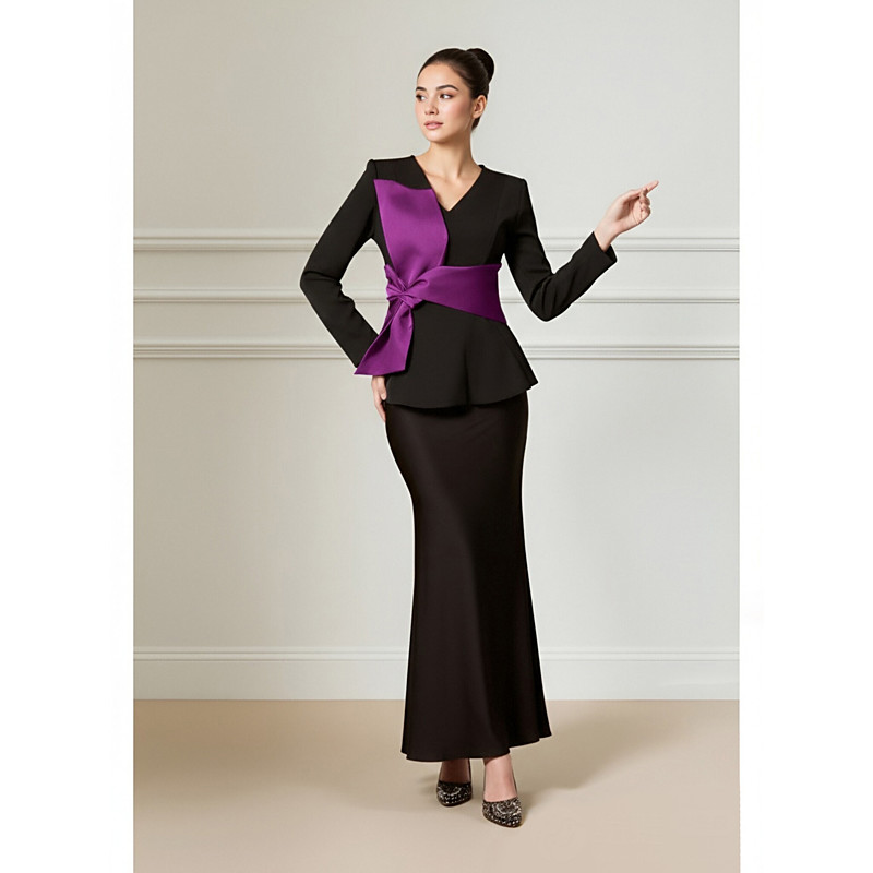 Two Piece Sheath Column Dress Ankle Length Wedding Guest Dress Mother of the Bride Dress Long Sleeve V Neck Elegant Black Dress Formal Wedding Party Family Gathering Satin with Sash / Ribbon