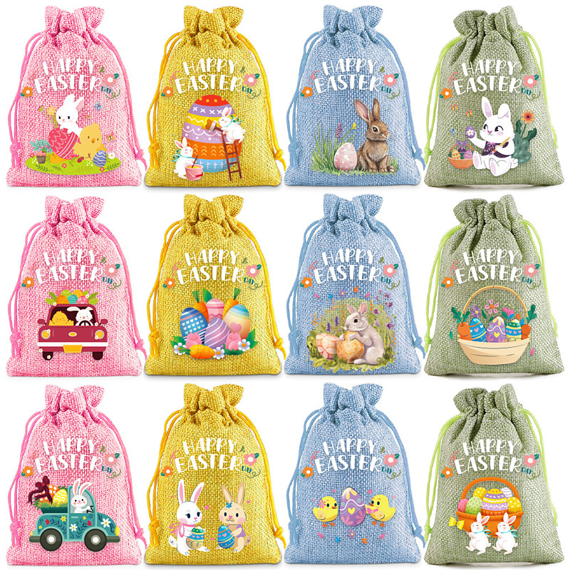12pcs Easter Burlap Gift Bags with Drawstring, 5.91 x 3.94 Inch Easter Bunny Gift Bags, Rabbit Colorful Eggs Burlap Gift Bag, Suitable for Small Gifts, Jewelry, Can Hold Snacks, Candies