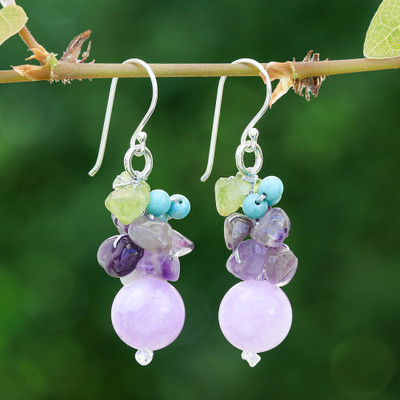 'Purple-Palette Multi-Gemstone Cluster Earrings from Thailand'