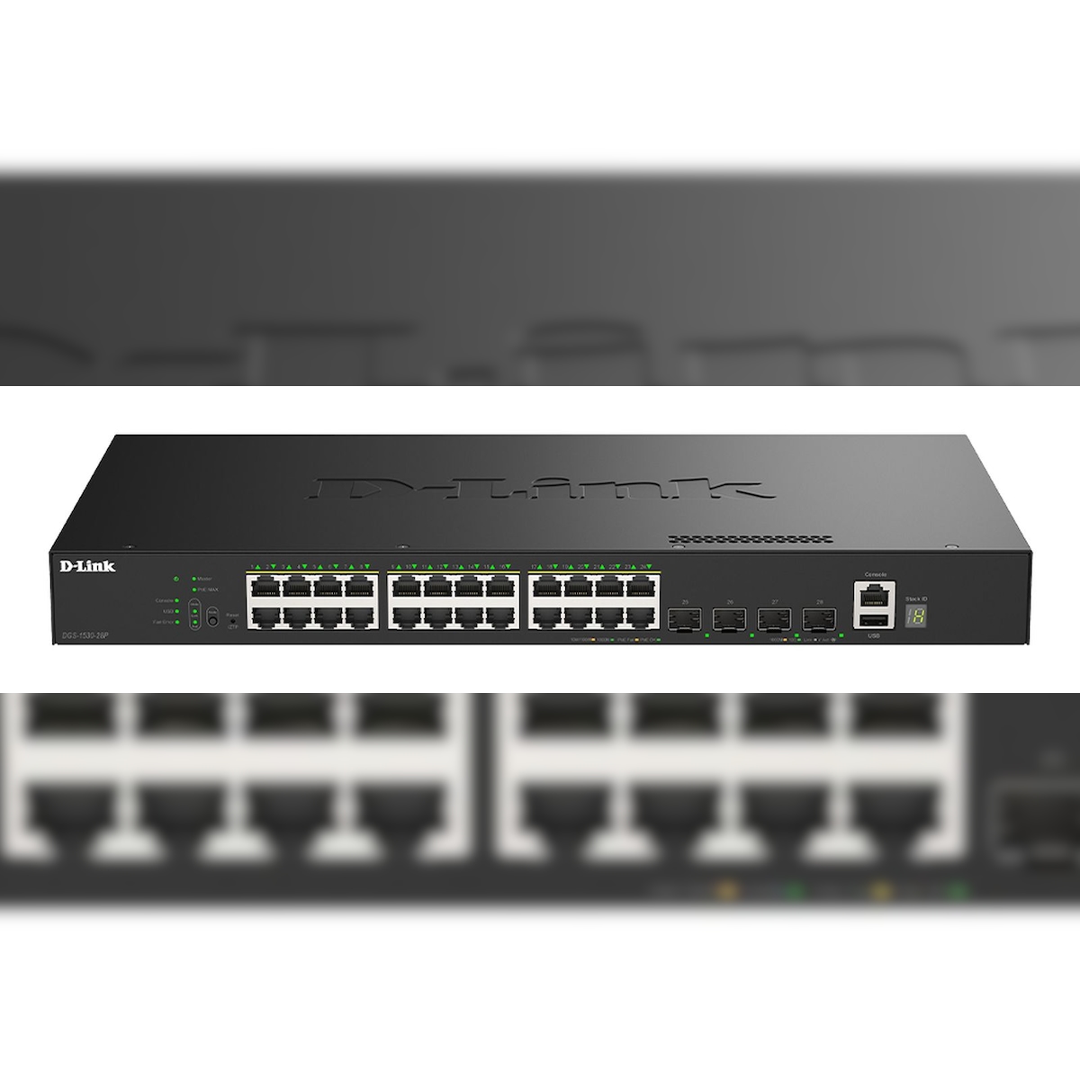 D-Link SmartPro DGS-1530-28P - Switch - Smart - 24 x 10/100/1000 (PoE+) + 4 x 10 Gigabit SFP+ - Desktop, an Rack montierbar - PoE+ (370 W) Image