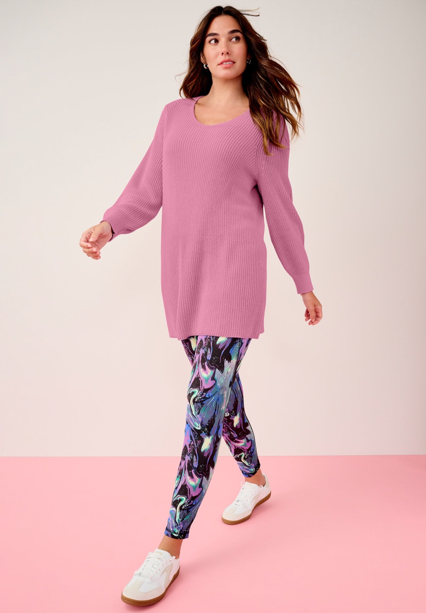 Plus Size Women's Shaker-Knit V-Neck Sweater by Roaman's in Pink Blossom (Size 12)