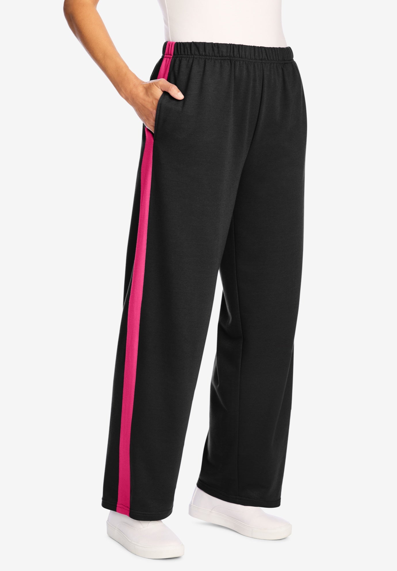 Plus Size Women's Cotton French Terry Straight-Leg Pull-On Side-Stripe Pants by Woman Within in Black Raspberry Sorbet (Size 42/44)
