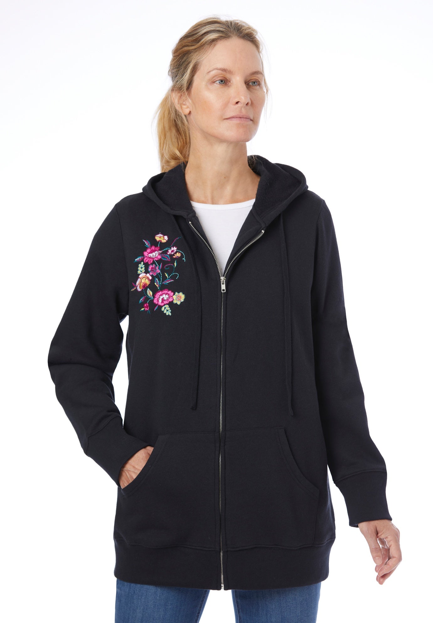 Plus Size Women's Better Fleece Zip-Front Hoodie by Woman Within in Black Floral Embroidery (Size L)