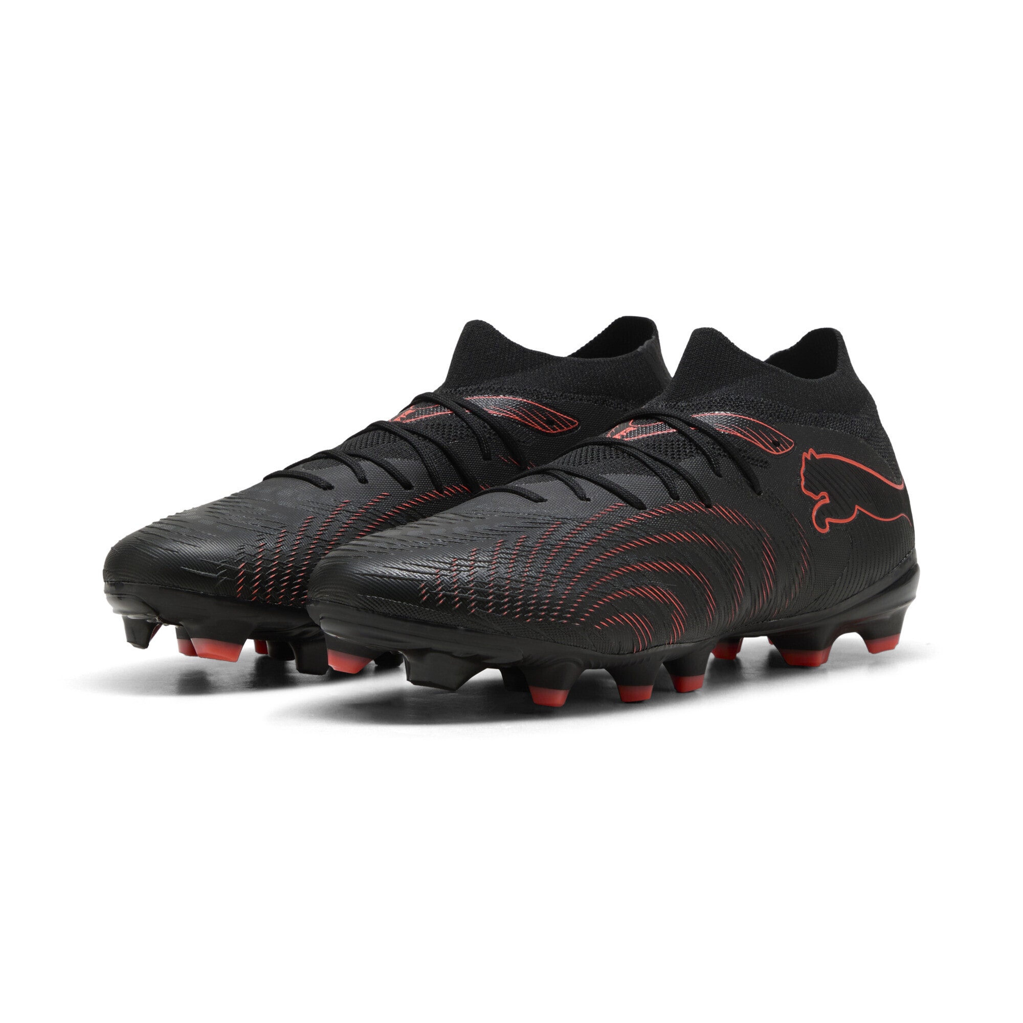Fußballschuh PUMA "FUTURE 9 MATCH FG/AG Fußballschuhe Erwachsene", Damen, Gr. 40, schwarz glowing rot strong gray, Obermaterial: Synthetik, Textil; Futter: Synthetik, Textil; Innensohle: Textil; Laufsohle: Synthetik, Schuhe Fußballschuh