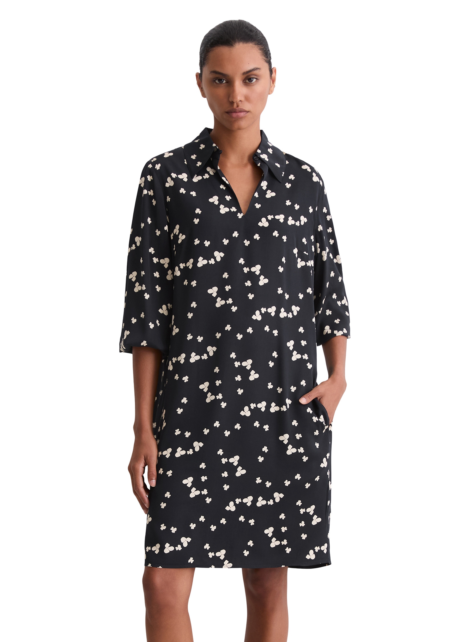 Druckkleid MARC O'POLO "aus LENZING™ ECOVERO™", Damen, Gr. 38, Normalgrößen, dunkelblau, Obermaterial: 100% Viskose, bedruckt, knielang, Doppelmanschette, Kleider Druckkleid