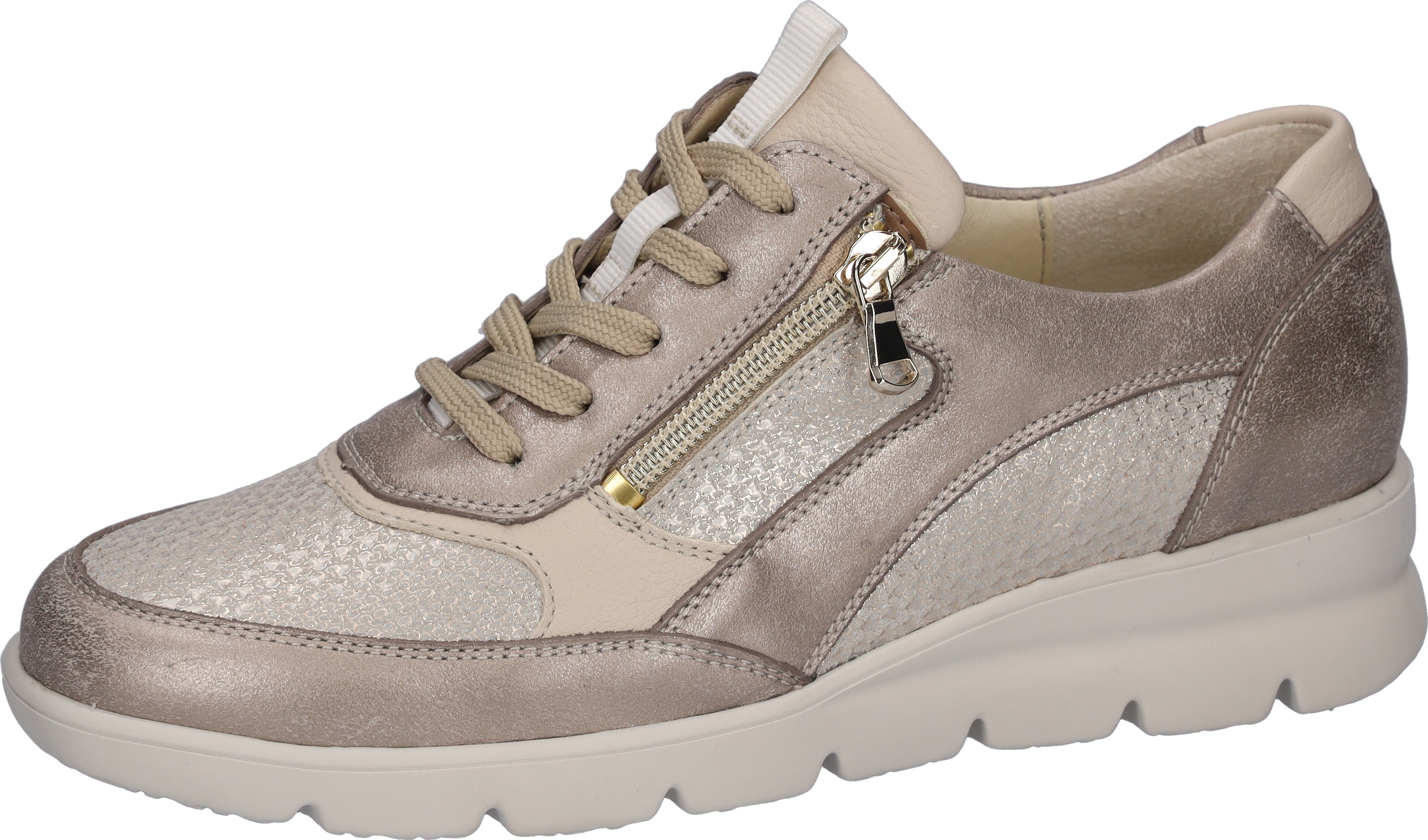 Keilsneaker WALDLÄUFER "H-BRUNI", Damen, Gr. 6 (39), platinfarben, beige, Nappaleder, Veloursleder, metallic, Schuhe, Schnürschuh, Halbschuh in Bequemweite H (= sehr weit)