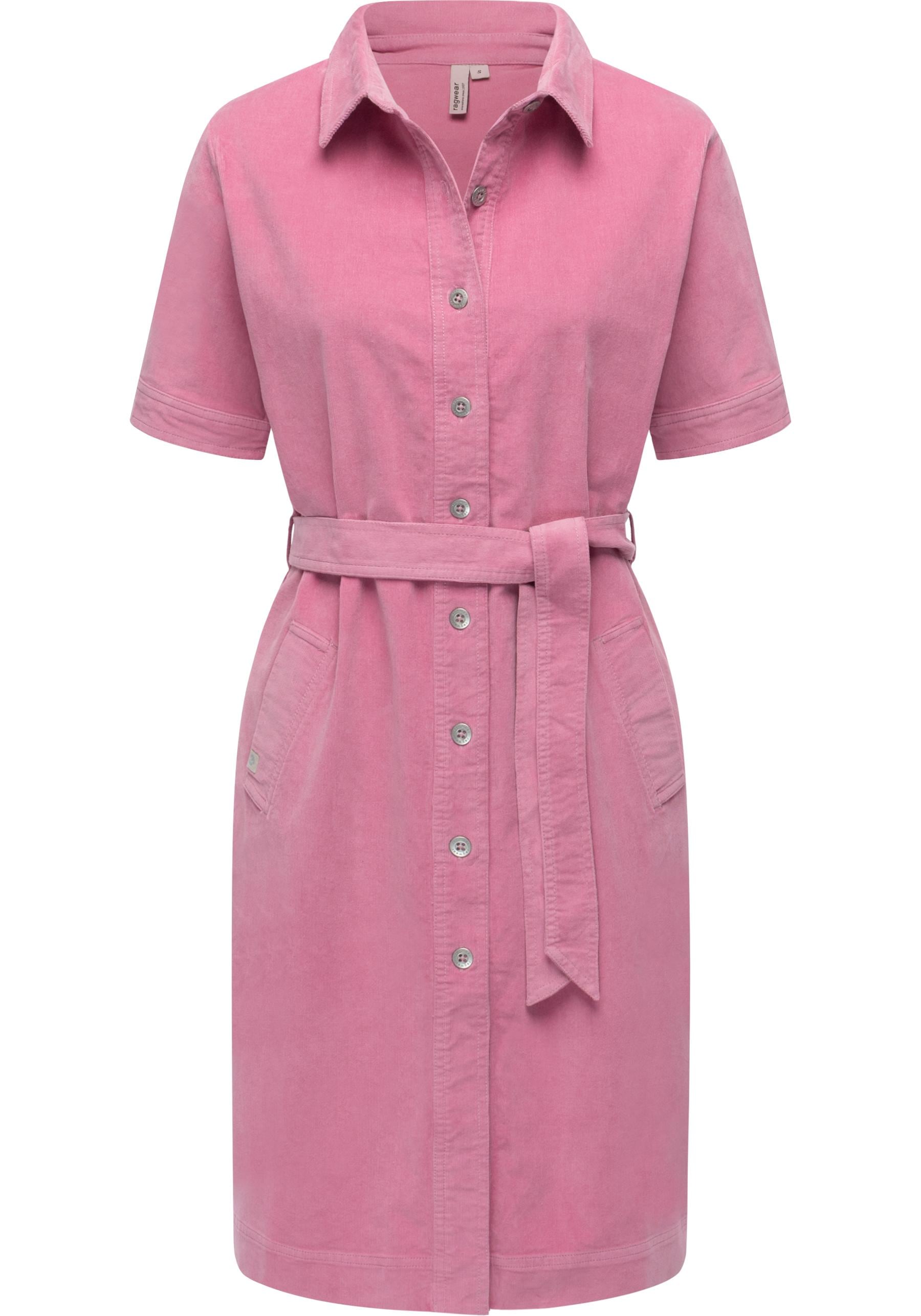 Cordkleid RAGWEAR "Rozyna Cordy YOUMODO", Damen, Gr. L (40), Normalgrößen, rosa, Material: 98% Baumwolle, 2% Elasthan, gerade knielang, V-Ausschnitt, Ärmel ohne Ärmelschlitz, Kleider, Kurzärmliges Kordkleid mit Hemdkragen