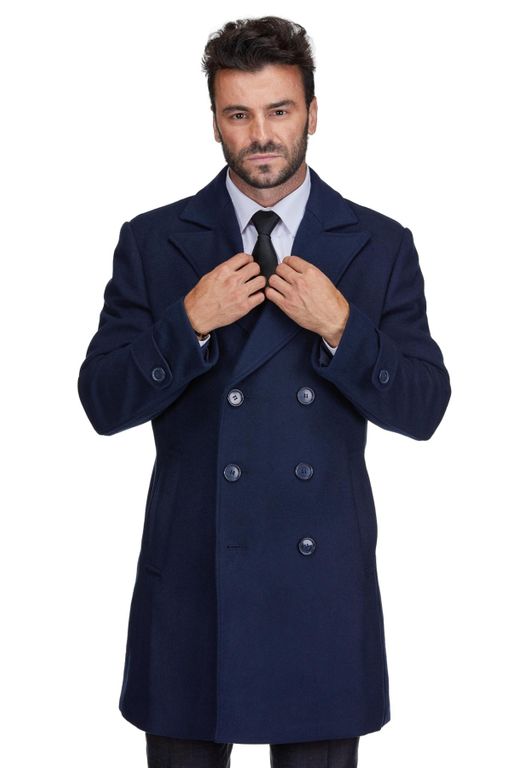 Big & Tall Double Breasted Pea Coat Wool Blend Dress Peacoat - Blue - Braveman Coats
