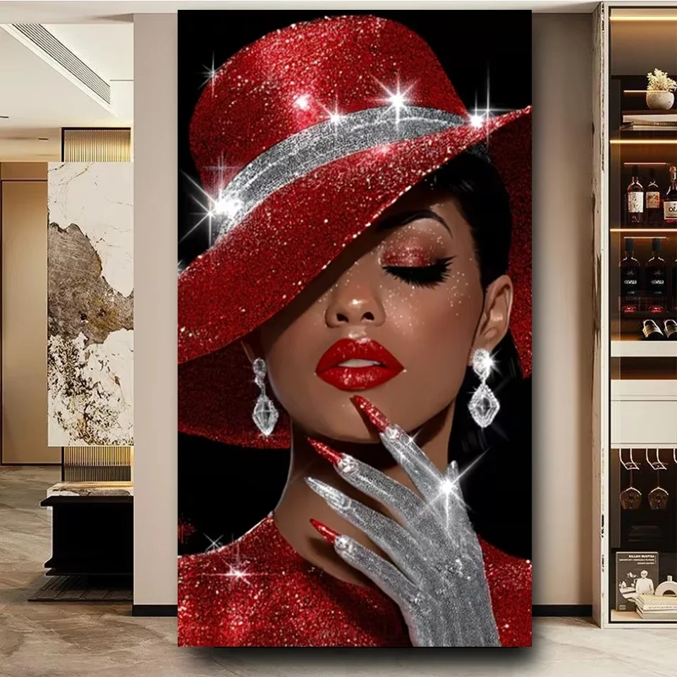 Fantasie elegante rote Hut Frauen Diy Diamant Kunst Malerei große Kreuzstich Kits Diamant Mosaik Porträt von Wohnzimmer Dekor