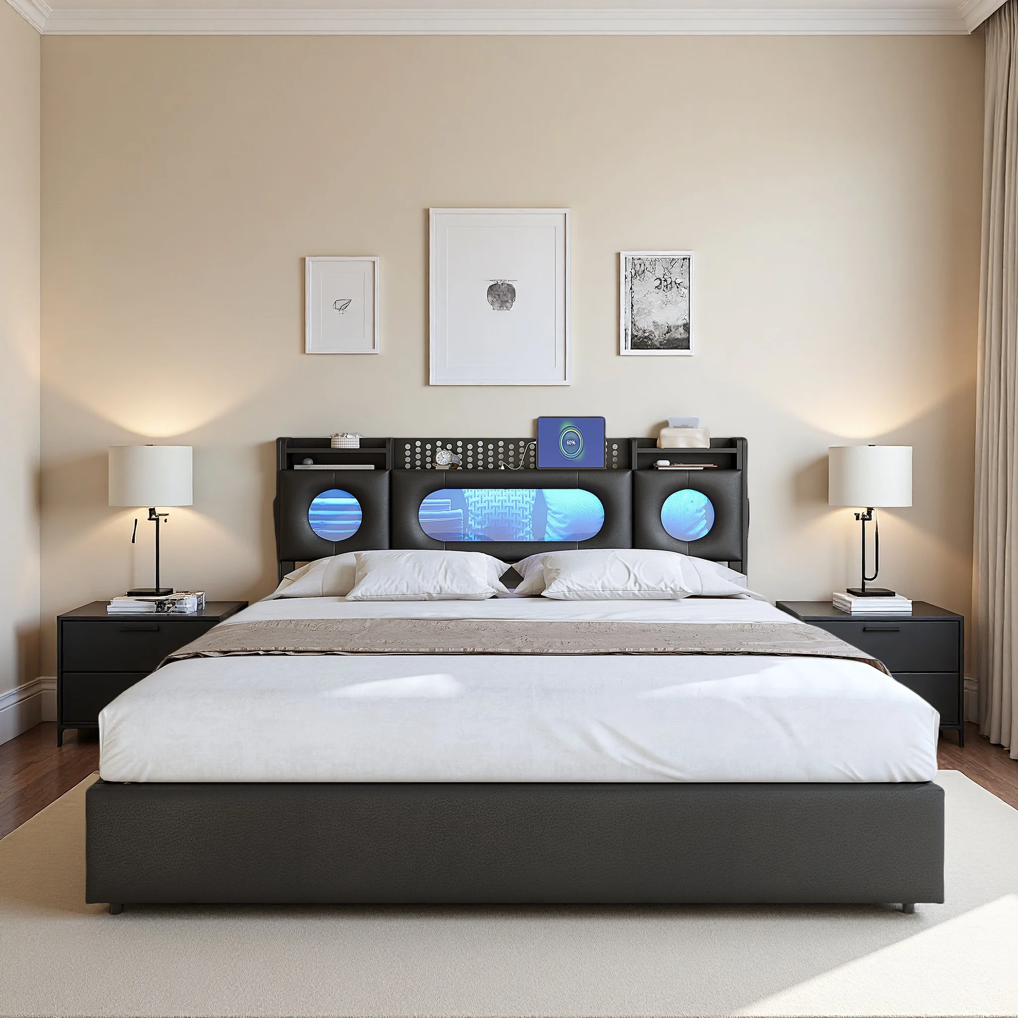 Rosahqnda Polsterbett 140/160x200, mit LED-Lichtleiste, USB-Ladefunktion, Stauraum, PU-Leder, Etagenbett-Box, Doppelbett Image