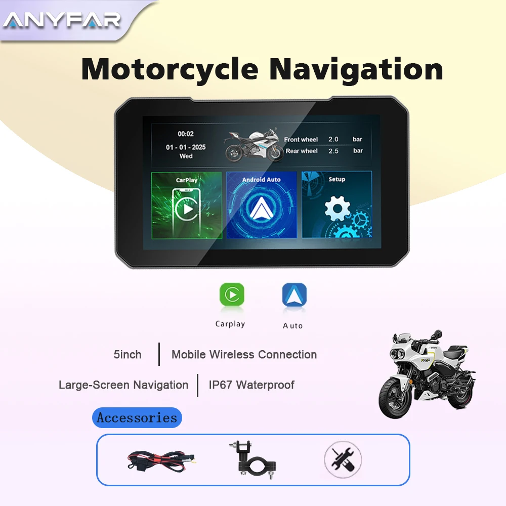 5 Zoll Motorrad Tragbarer IP67 Wasserdichter GPS-Navigator Kabelloses Carplay Android Auto Display Touchscreen Multimedia-Player