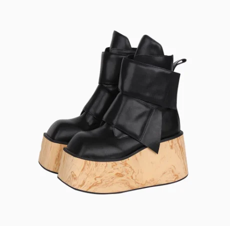 Punk Stil Pu Leder Runde Kappe Knöchel Plattform Frauen Stiefel Keile High Heels Haken Look Design Große Größe Angepasst Schuhe Image