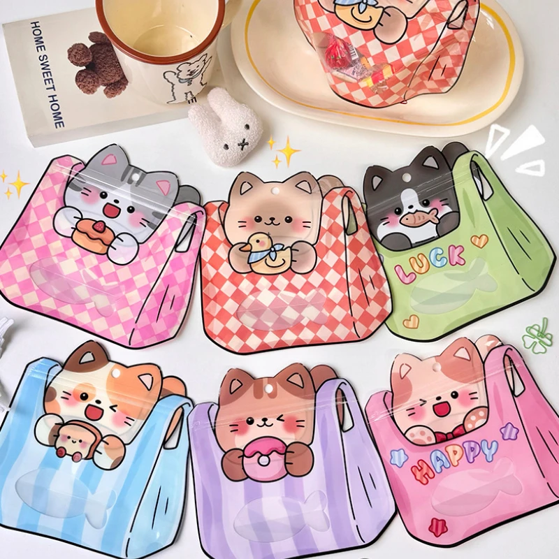 12 Stück zufällige Stil süße Katze Cartoon Geschenktüten Rucksack Muster Druckverschlussbeutel Stand-Up Design Geburtstag Party Supplies Süßigkeiten Taschen Image